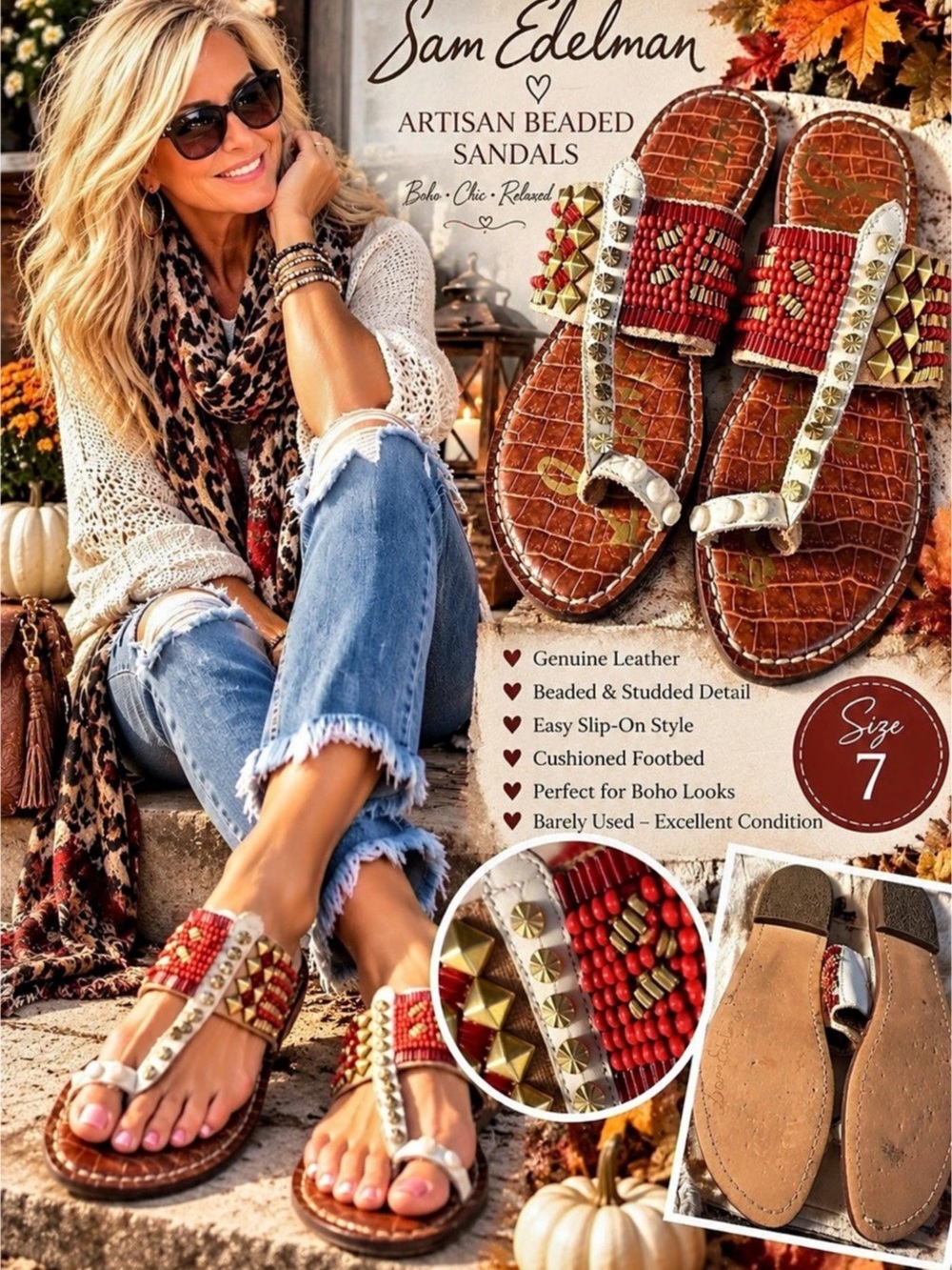 Sam Edelman Beaded Leather Sandals Brown & Red US 7